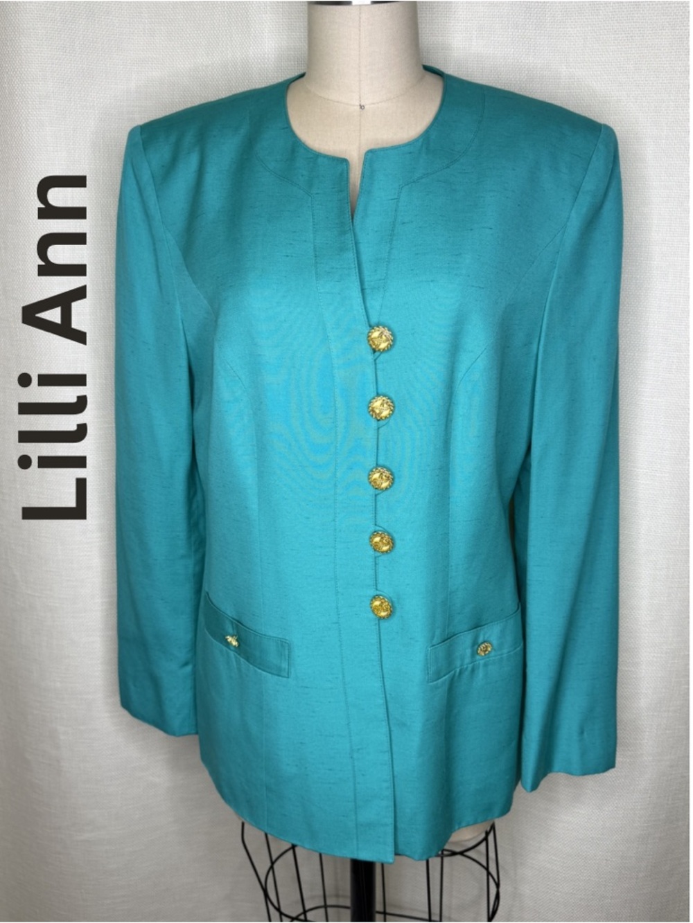 Lilli Ann Teal Silk Blazer Gold Button Vintage Jacket EUC